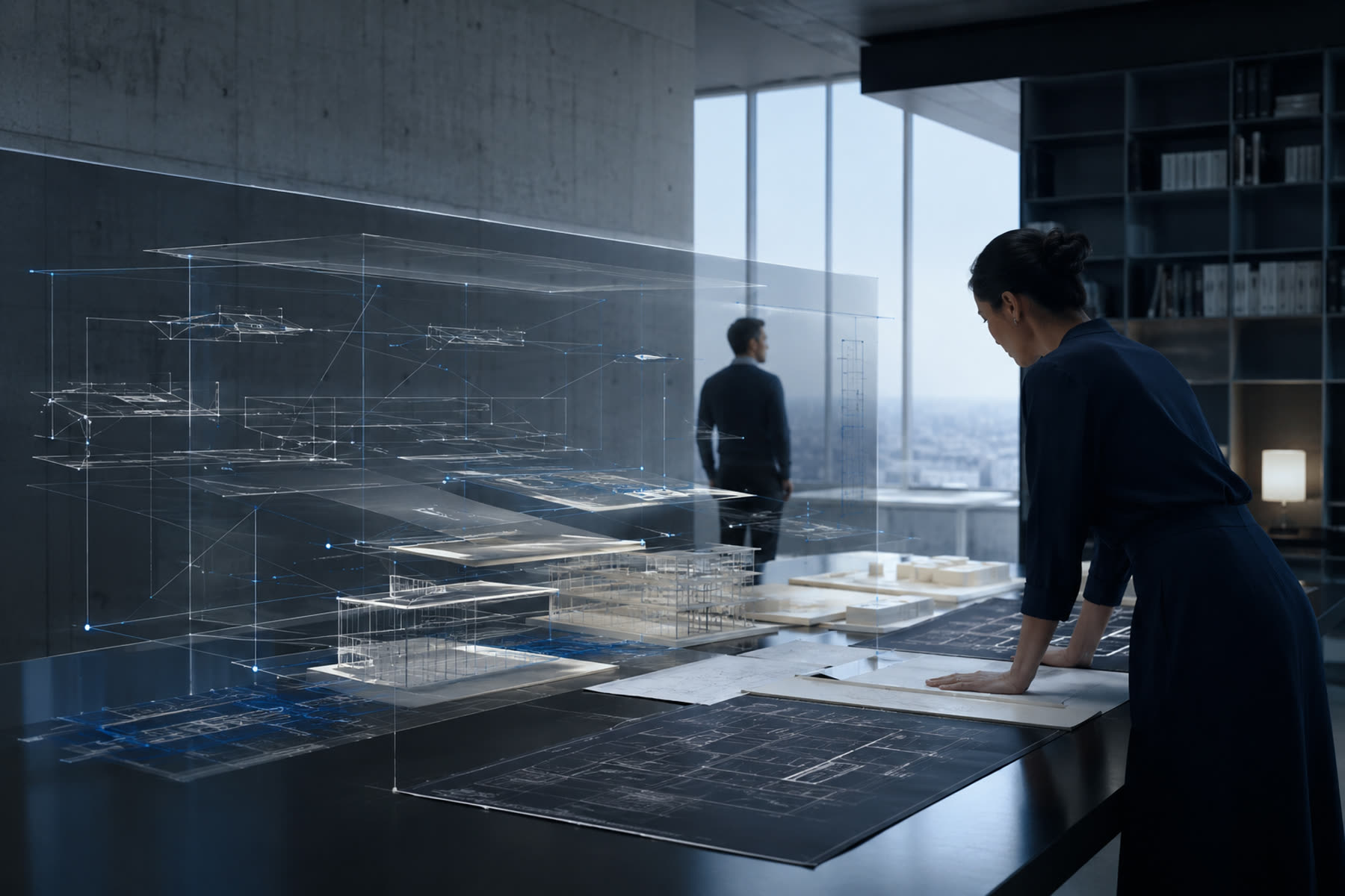 Layered architectural drawings and a wireframe massing model on a dark table, used as thematic imagery for capability architecture.