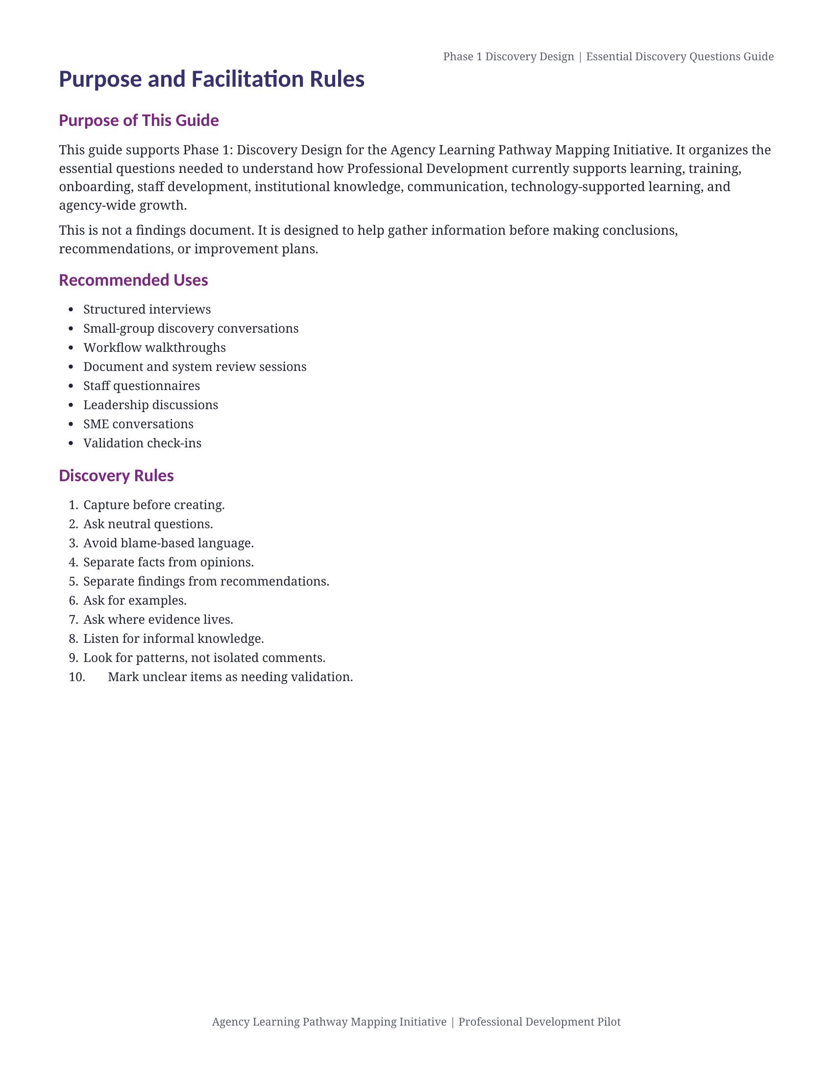 Guide page listing recommended uses and ten discovery rules.