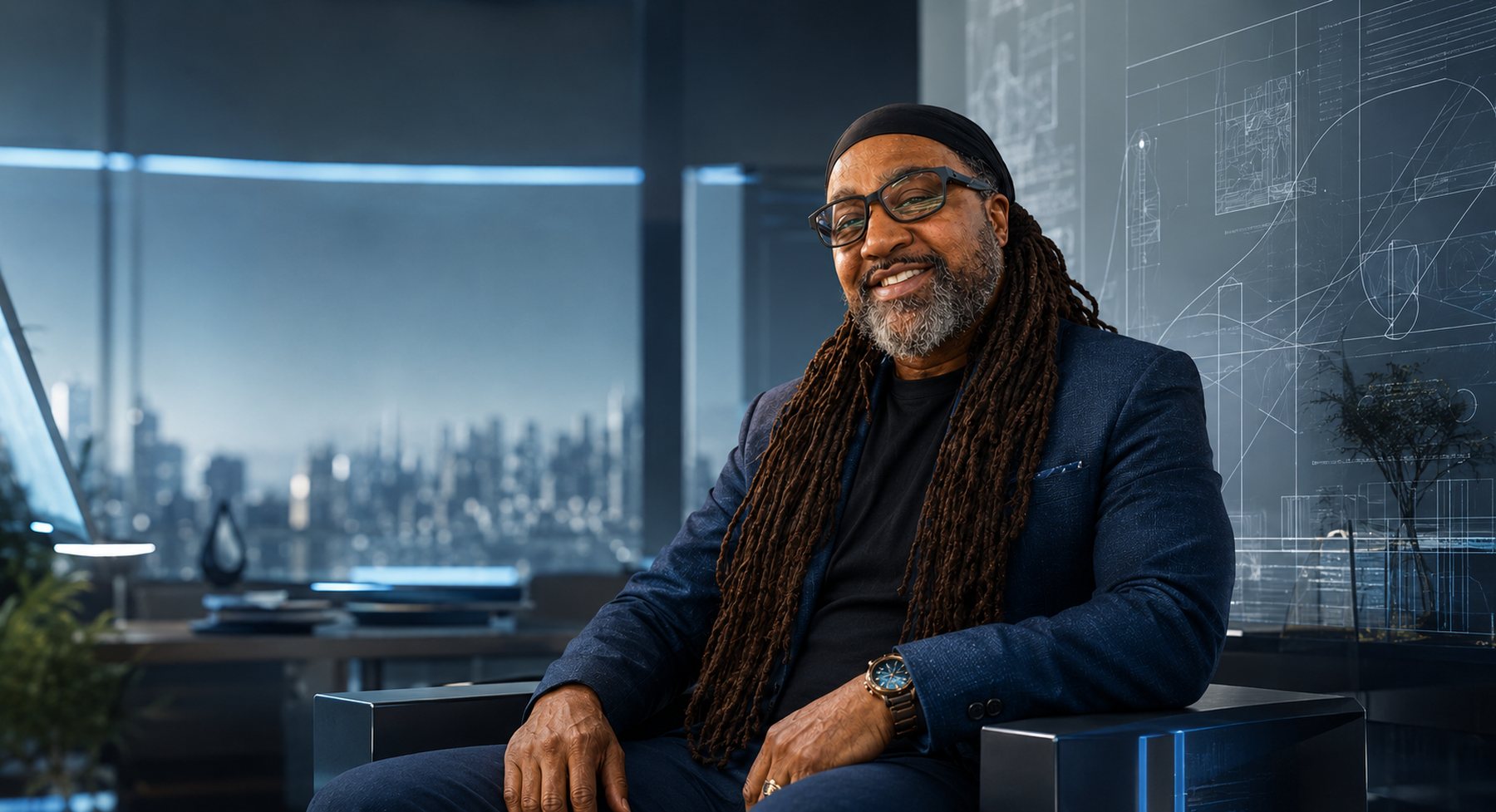 Joel Birch, a Black man with glasses and long locs in a navy jacket, seated in a dark executive studio with faint blue architectural line drawings behind him.