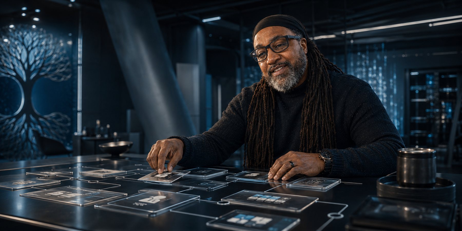 Joel Birch arranging translucent cards into a connected workflow on a dark table in a blue-lit studio.